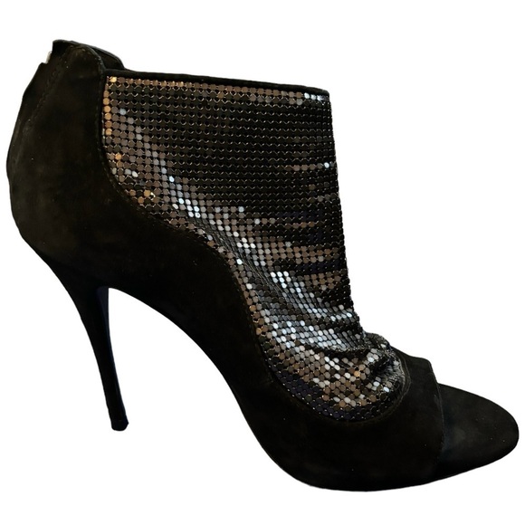 Elizabeth and James Black Suede Silver Metallic Peep Toe Heeled Booties Size 7.5 - Picture 3 of 9